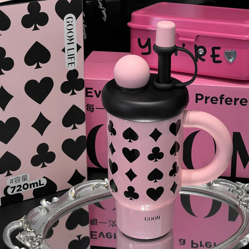 GOOM格沫 大容量保温杯480/900ml咖啡杯吸管水饮杯子手绘拎拎杯 冰霸杯