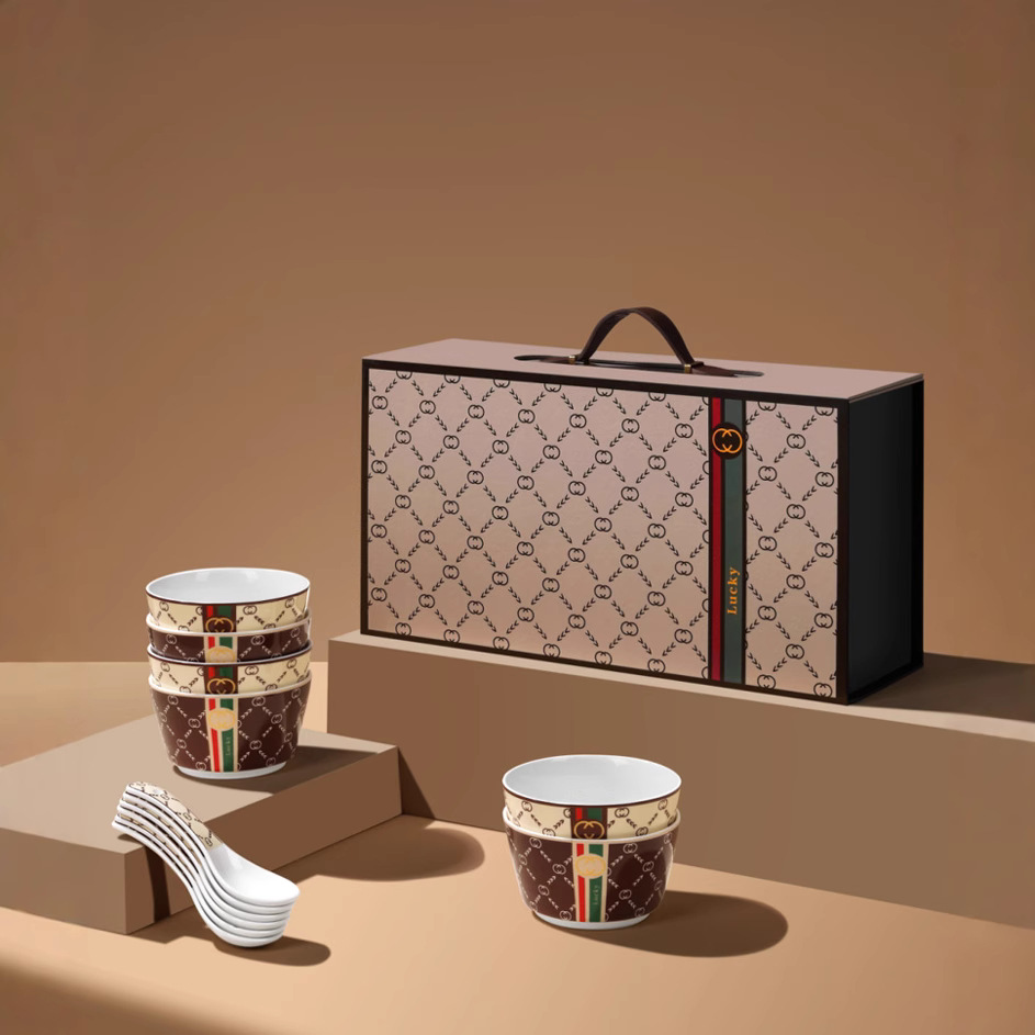 聚陶人古奇系列简约家用陶瓷碗勺餐具套装公司送员工伴手礼