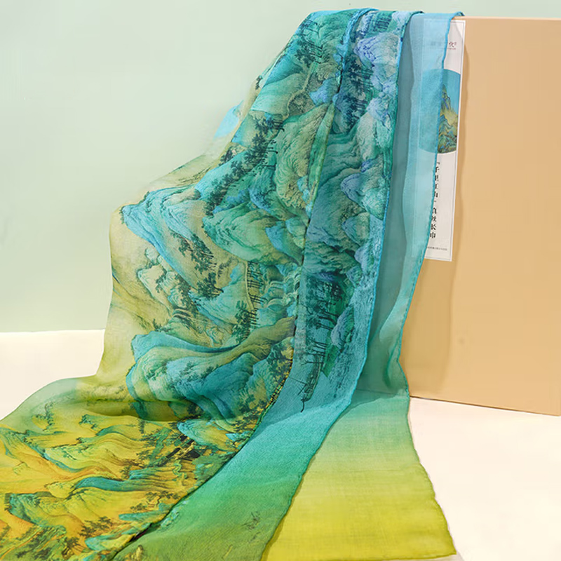 故宫文化 千里江山真丝长巾 真丝丝巾100%桑蚕丝披肩围巾故宫文创礼品