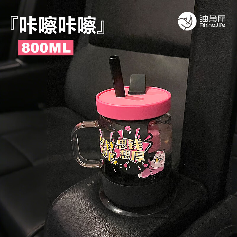 Rhino Life情人节礼物独角犀吸管玻璃杯女生泡茶高颜值茶水分离带把手大容量 【茶水分离】去摘花 900ml