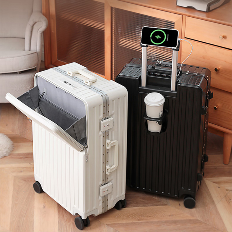  DULA铝框前开盖杯架行李箱拉杆箱USB旅行箱密码箱登机箱樱花粉20英寸