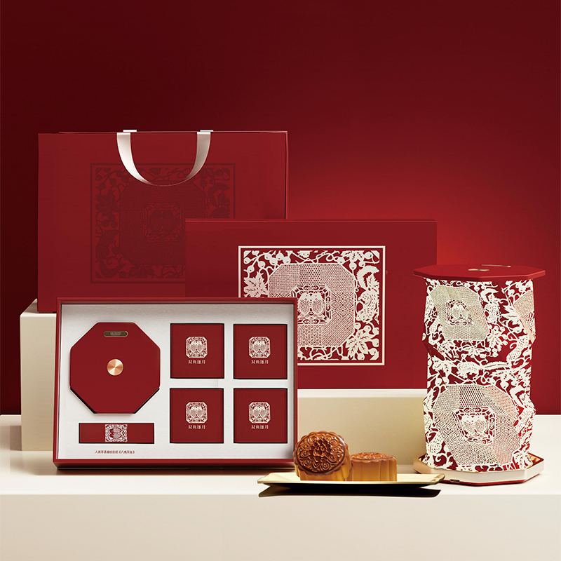 双鱼逐月细纹刻纸八角双鱼旋转灯中秋月饼礼盒