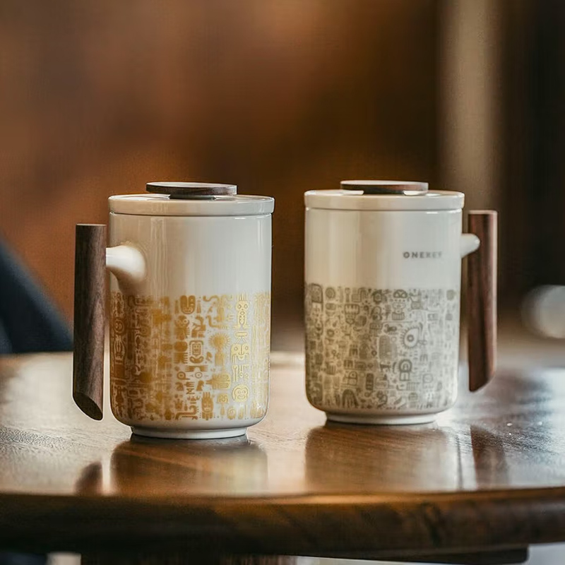 年会 素白办公杯 水杯茶杯陶瓷杯 茶具礼物马克杯泡茶杯茶水分离杯 素白办公杯象形图腾款-金