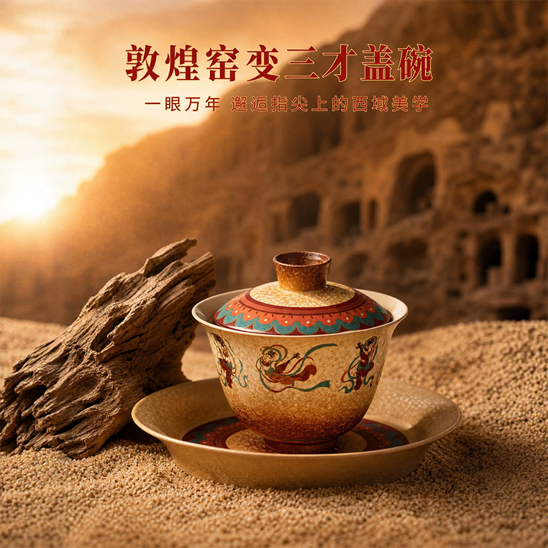 敦煌复古国潮三才碗盖碗办公室客厅茶具泡茶碗家用创意中式茶杯盏