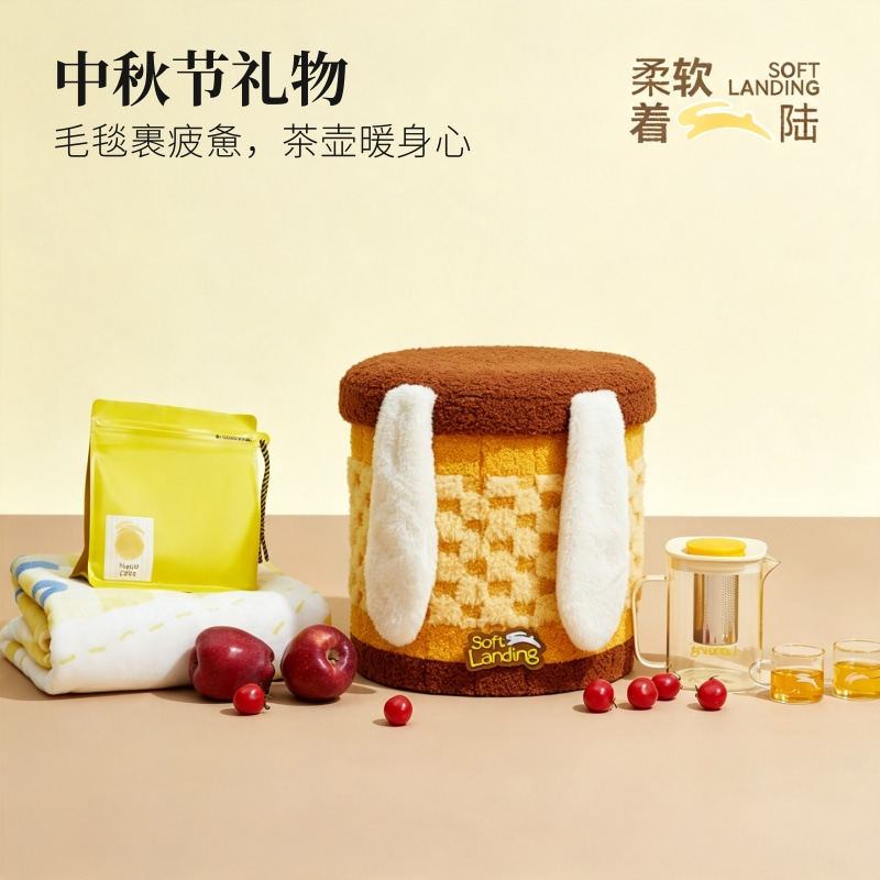 柔软着陆月饼礼盒泡茶壶午休毯毛绒收纳凳可爱中秋伴手礼定制logo