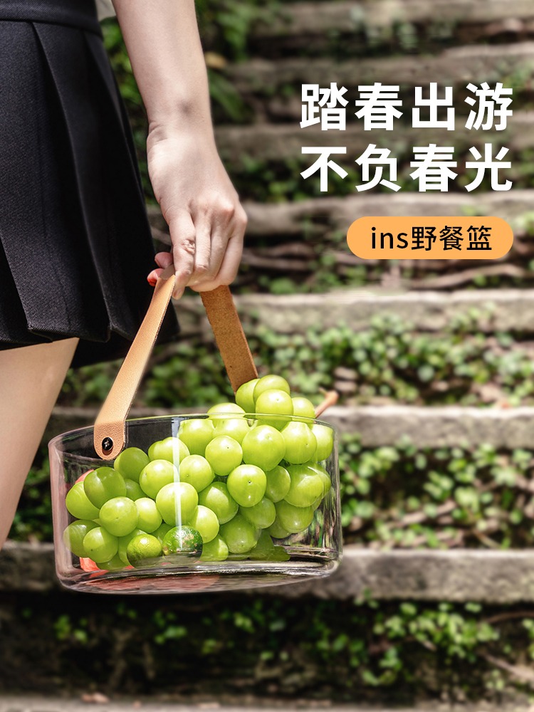 B酒吧ktv冰块桶手提篮透明水果篮户外网红野餐篮子ins茶几零食桶